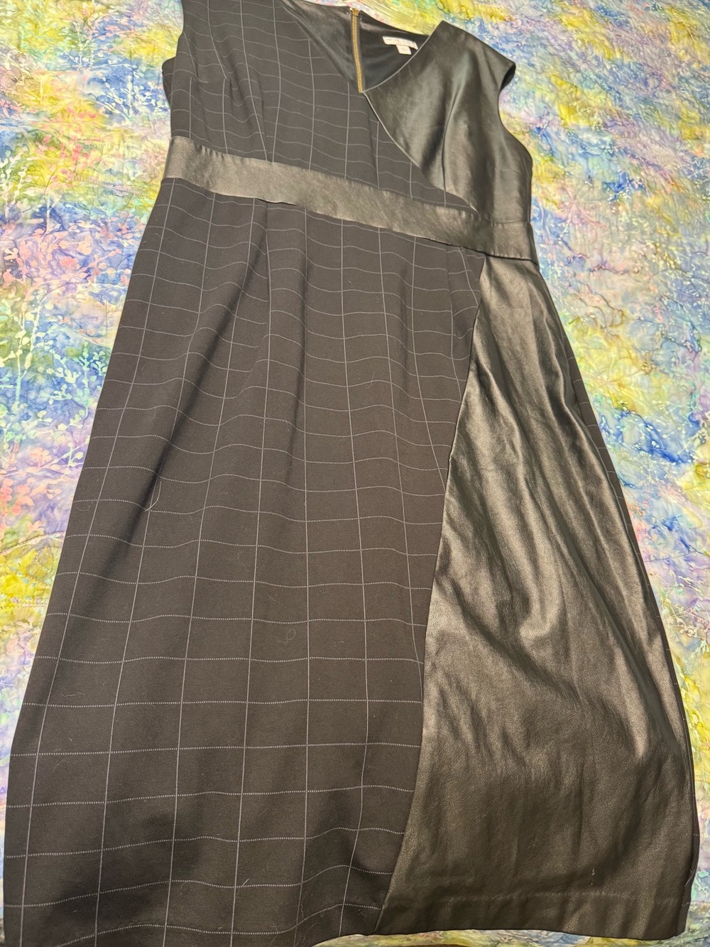 New York & Company Black Windowpane Midi Dress with Faux Leather Panel